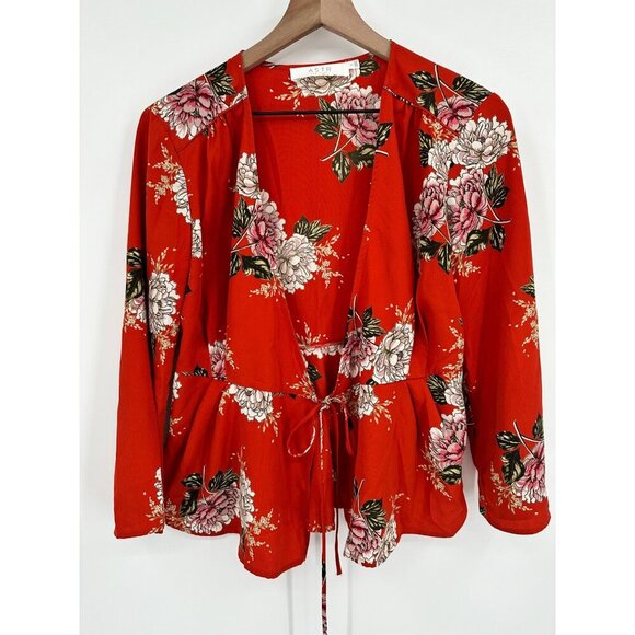 Astr Cardigan Women Small Burnt Orange Floral Peplum Hem Tie Front - Picture 1 of 8